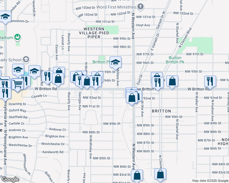 map of restaurants, bars, coffee shops, grocery stores, and more near 9307 North Military Avenue in Oklahoma City