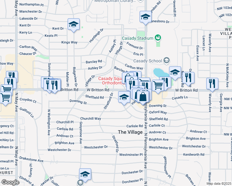 map of restaurants, bars, coffee shops, grocery stores, and more near 1829 Sheffield Road in The Village