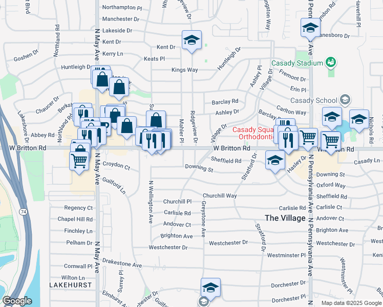 map of restaurants, bars, coffee shops, grocery stores, and more near 9309 Mahler Place in The Village