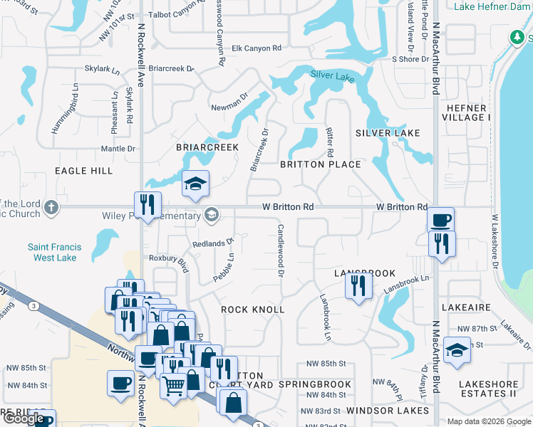 map of restaurants, bars, coffee shops, grocery stores, and more near 500 Candlewood Drive in Oklahoma City