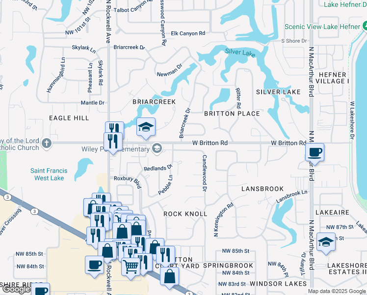 map of restaurants, bars, coffee shops, grocery stores, and more near 6612 Candlewood Drive in Oklahoma City