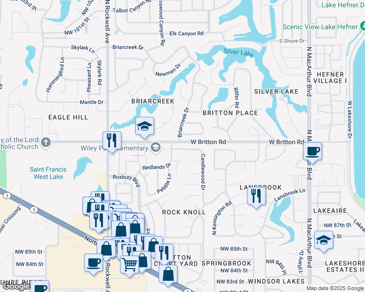 map of restaurants, bars, coffee shops, grocery stores, and more near 6612 Candlewood Drive in Oklahoma City