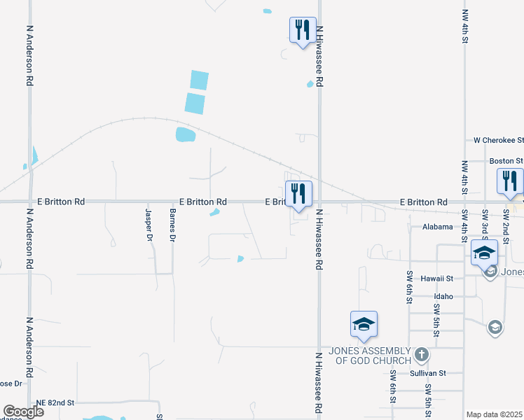 map of restaurants, bars, coffee shops, grocery stores, and more near 12812 East Britton Road in Jones