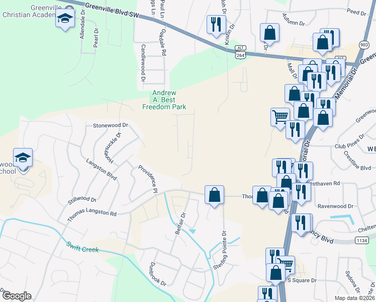 map of restaurants, bars, coffee shops, grocery stores, and more near 730 Thomas Langston Rd in Winterville