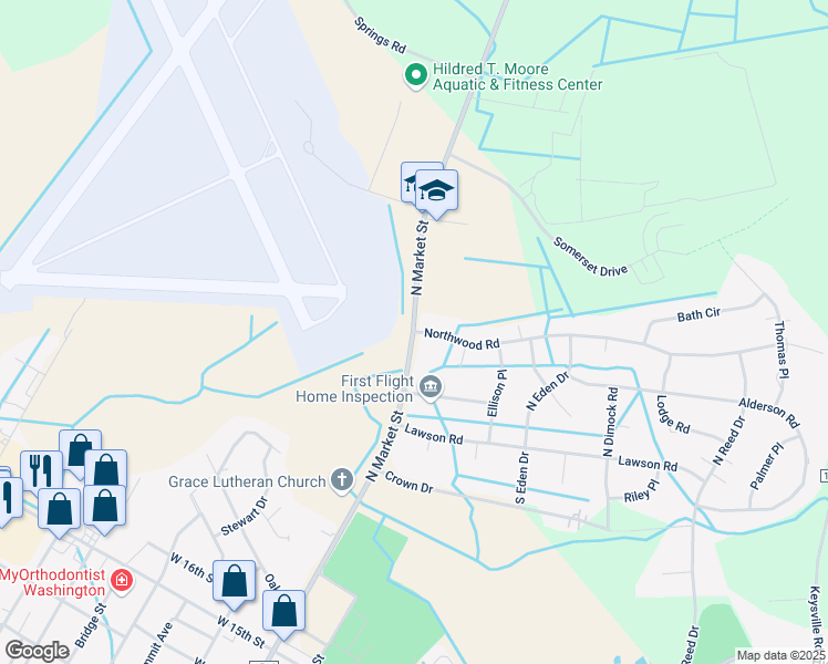 map of restaurants, bars, coffee shops, grocery stores, and more near 101 Northwood Road in Washington