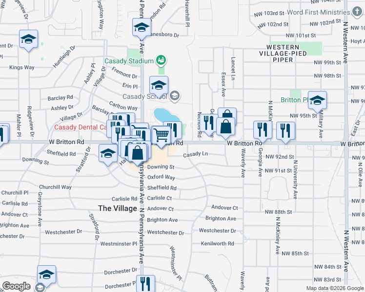 map of restaurants, bars, coffee shops, grocery stores, and more near 1429 Casady Lane in The Village