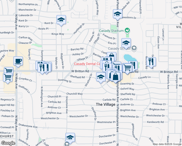 map of restaurants, bars, coffee shops, grocery stores, and more near 1829 Sheffield Road in The Village