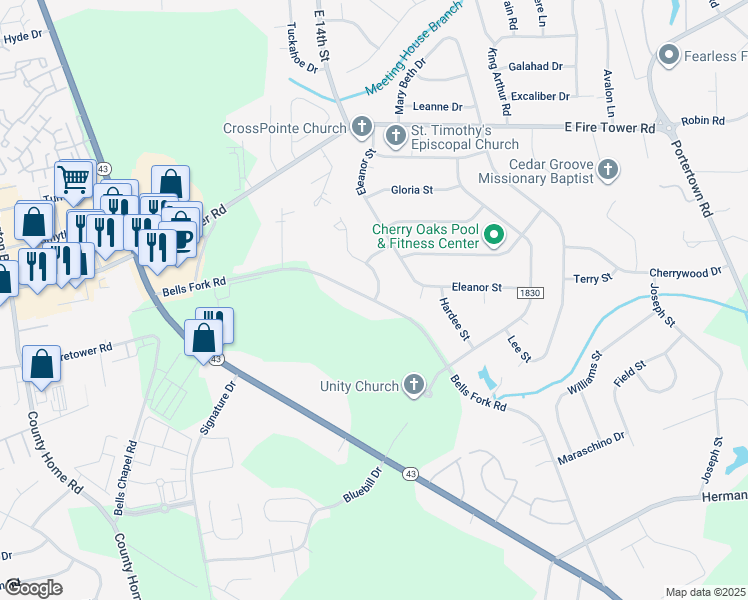 map of restaurants, bars, coffee shops, grocery stores, and more near 101 Evanswood Drive in Greenville