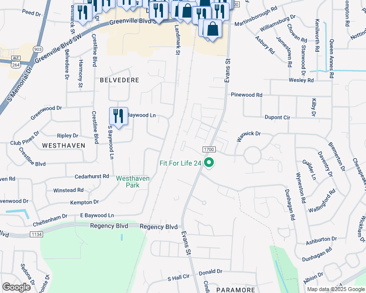 map of restaurants, bars, coffee shops, grocery stores, and more near 200 Orlando Way in Greenville