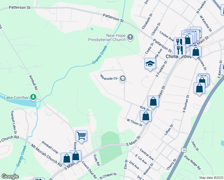 map of restaurants, bars, coffee shops, grocery stores, and more near 522 Kirk Street in China Grove