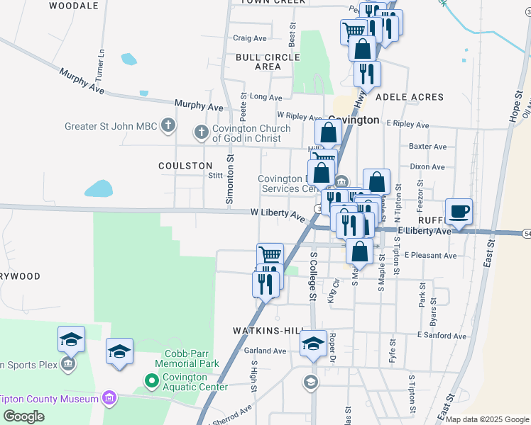 map of restaurants, bars, coffee shops, grocery stores, and more near 114 South High Street in Covington