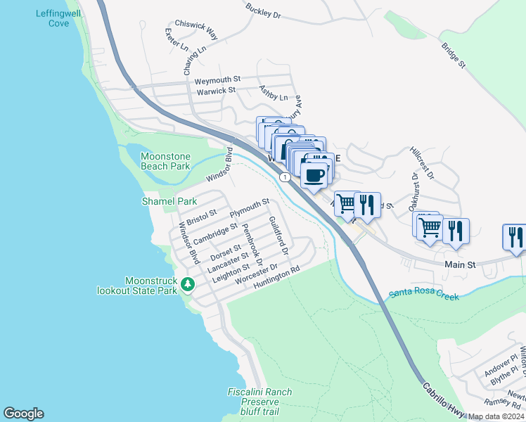 map of restaurants, bars, coffee shops, grocery stores, and more near Cambridge Street in Cambria