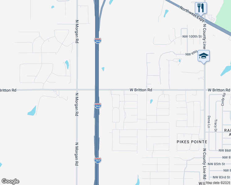 map of restaurants, bars, coffee shops, grocery stores, and more near 9432 Northwest 93rd Terrace in Yukon