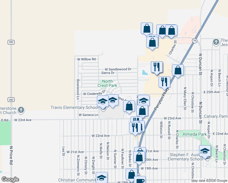 map of restaurants, bars, coffee shops, grocery stores, and more near 2451-2499 North Crest Road in Pampa