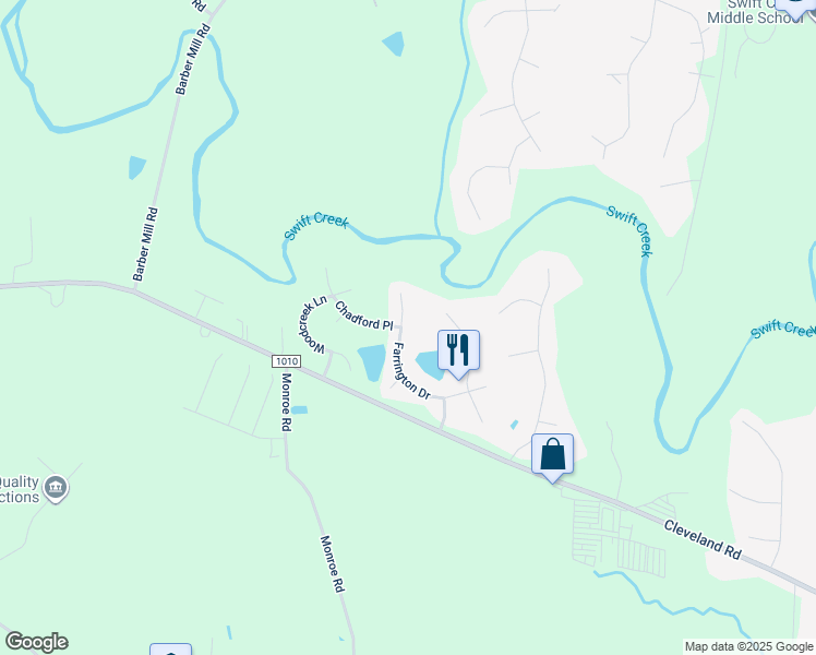 map of restaurants, bars, coffee shops, grocery stores, and more near 224 Farrington Drive in Clayton
