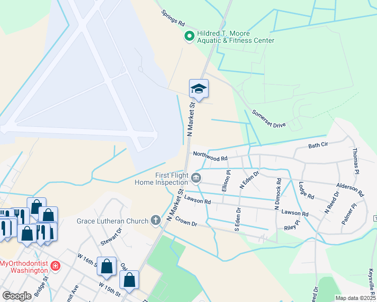 map of restaurants, bars, coffee shops, grocery stores, and more near 101-107 Northwood Road in Washington