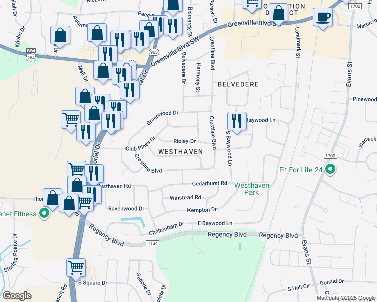 map of restaurants, bars, coffee shops, grocery stores, and more near 121 Antler Road in Greenville