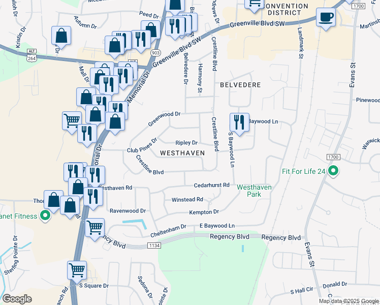 map of restaurants, bars, coffee shops, grocery stores, and more near 121 Antler Road in Greenville