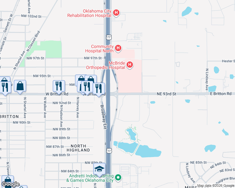 map of restaurants, bars, coffee shops, grocery stores, and more near Broadway Extension Service Road & West Britton Road in Oklahoma City