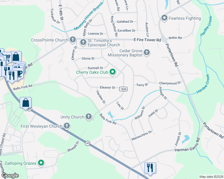 map of restaurants, bars, coffee shops, grocery stores, and more near 106 Joseph Place in Greenville