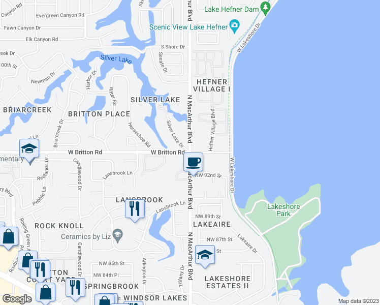 map of restaurants, bars, coffee shops, grocery stores, and more near North Macarthur Boulevard & West Britton Road in Oklahoma City