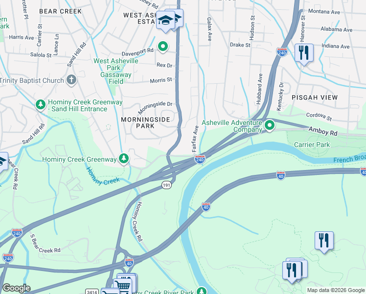 map of restaurants, bars, coffee shops, grocery stores, and more near 352 Fairfax Avenue in Asheville