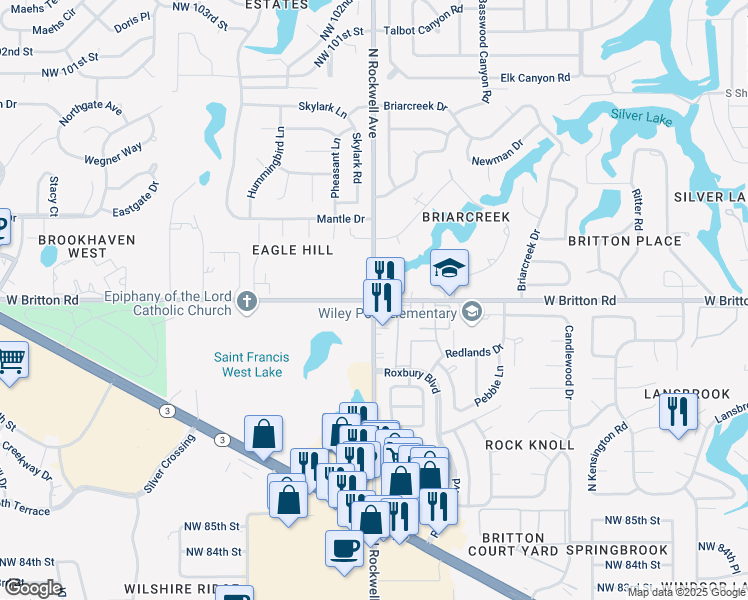 map of restaurants, bars, coffee shops, grocery stores, and more near N Rockwell Ave & W Britton Rd in Oklahoma City