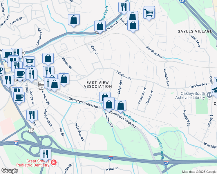 map of restaurants, bars, coffee shops, grocery stores, and more near 50 Main Street in Asheville