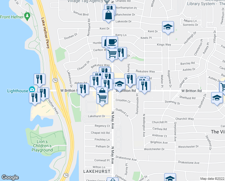 map of restaurants, bars, coffee shops, grocery stores, and more near N May Ave & W Britton Rd in Oklahoma City