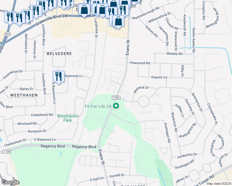 map of restaurants, bars, coffee shops, grocery stores, and more near 3450 Evans Street in Greenville