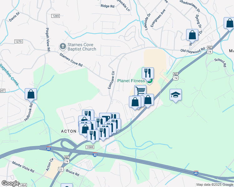 map of restaurants, bars, coffee shops, grocery stores, and more near 1895 Old Haywood Road in Asheville