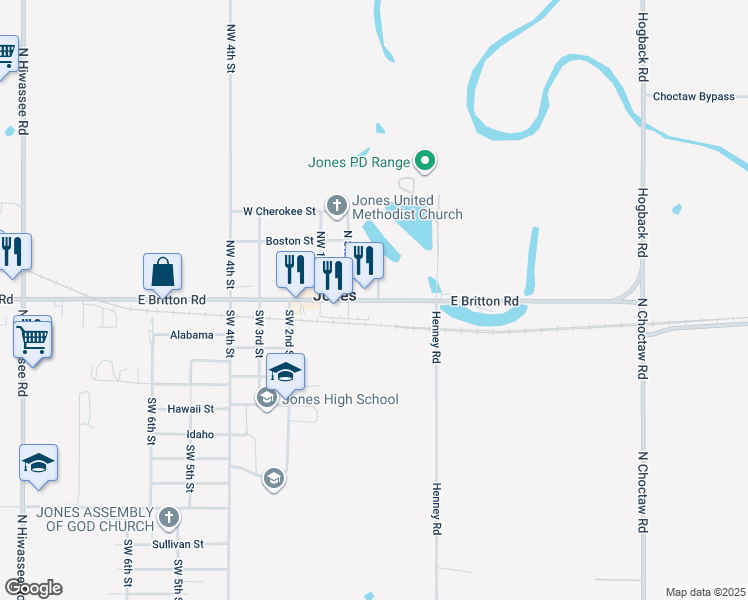 map of restaurants, bars, coffee shops, grocery stores, and more near 126 East Main Street in Jones