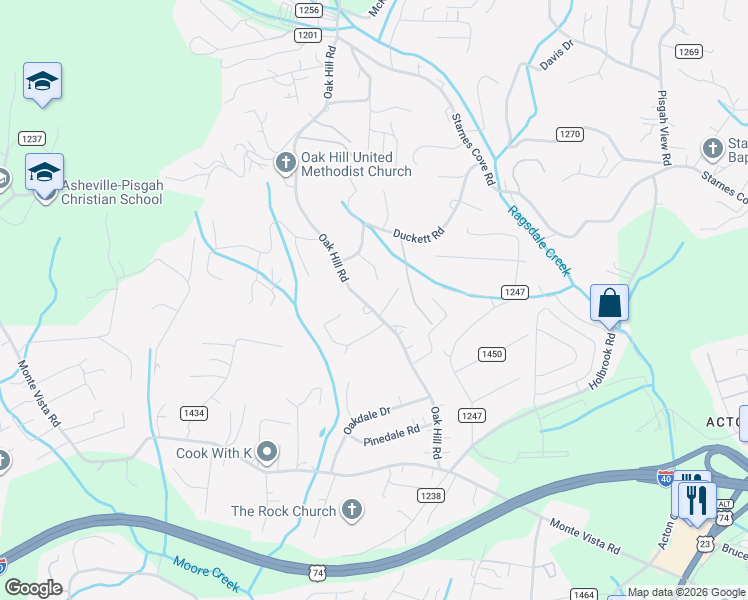 map of restaurants, bars, coffee shops, grocery stores, and more near 119 Oak Hill Road in Candler