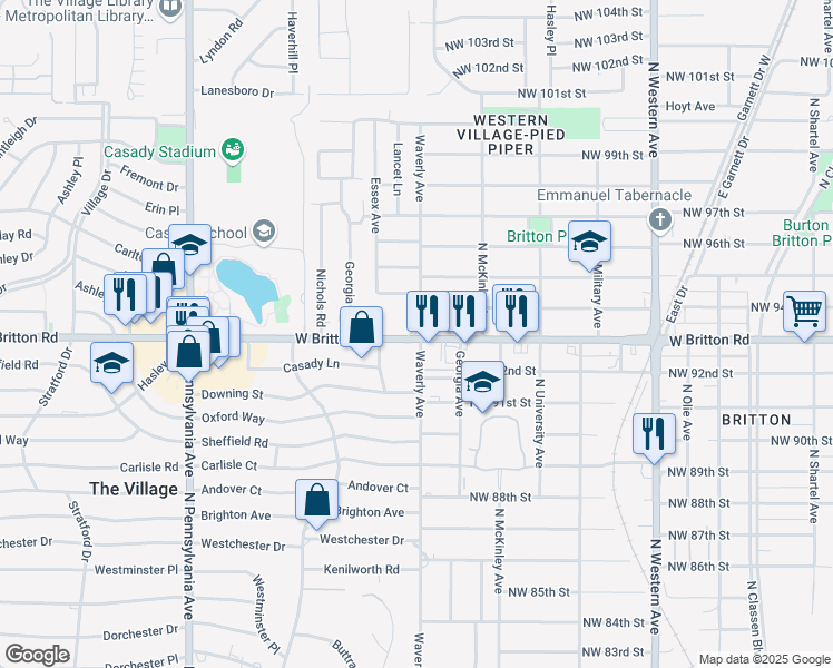 map of restaurants, bars, coffee shops, grocery stores, and more near 1500 Ashley Drive in The Village