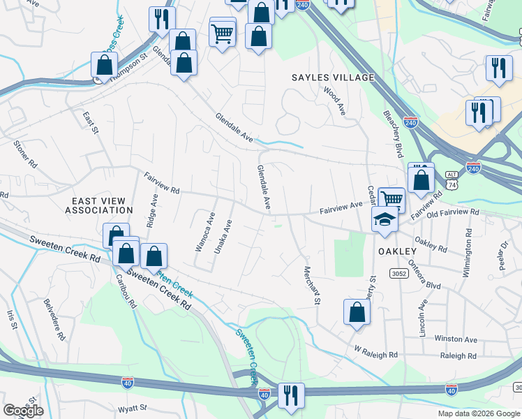 map of restaurants, bars, coffee shops, grocery stores, and more near 580 Fairview Road in Asheville