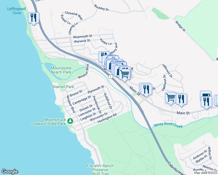 map of restaurants, bars, coffee shops, grocery stores, and more near 5342 Plymouth Street in Cambria