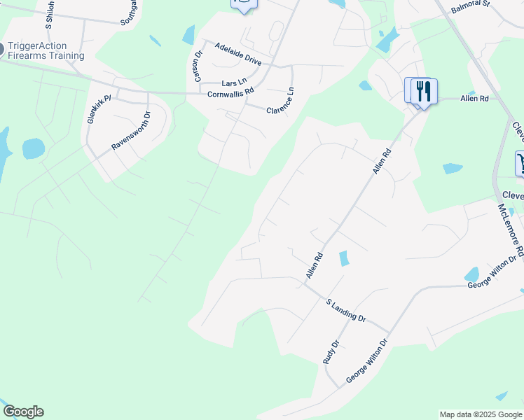 map of restaurants, bars, coffee shops, grocery stores, and more near 176 Ridge Way Lane in Clayton