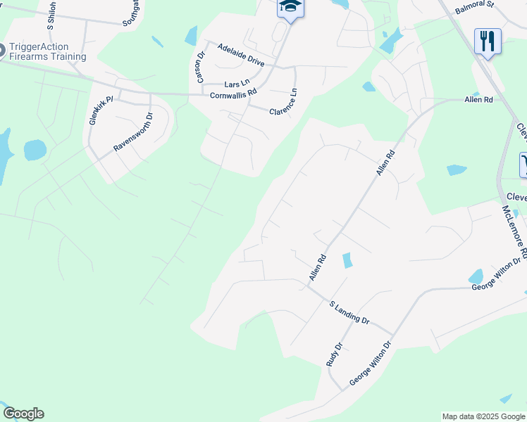 map of restaurants, bars, coffee shops, grocery stores, and more near 176 Ridge Way Lane in Clayton