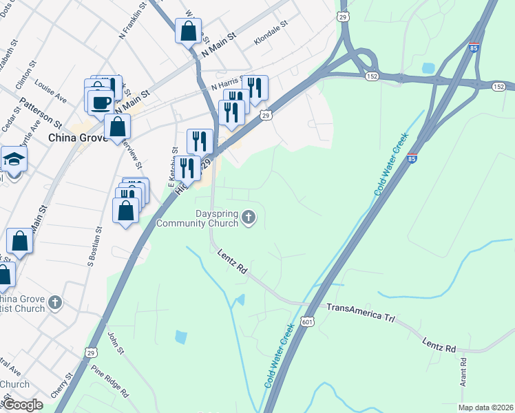 map of restaurants, bars, coffee shops, grocery stores, and more near 805 Bare Street in China Grove