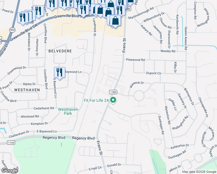 map of restaurants, bars, coffee shops, grocery stores, and more near 115 West Victoria Court in Greenville