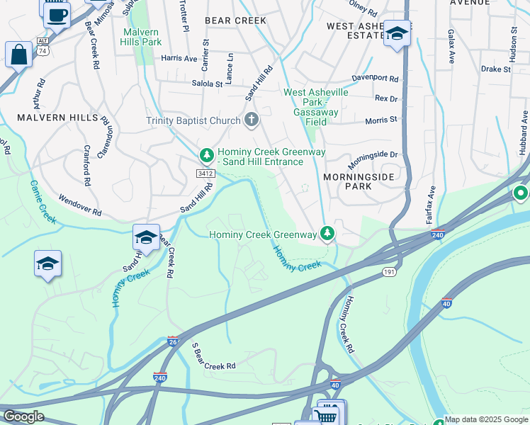 map of restaurants, bars, coffee shops, grocery stores, and more near Hominy Creek Trail in Asheville