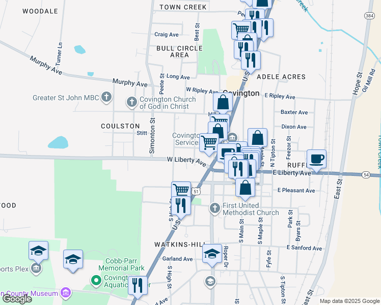 map of restaurants, bars, coffee shops, grocery stores, and more near 205 Elm Street in Covington