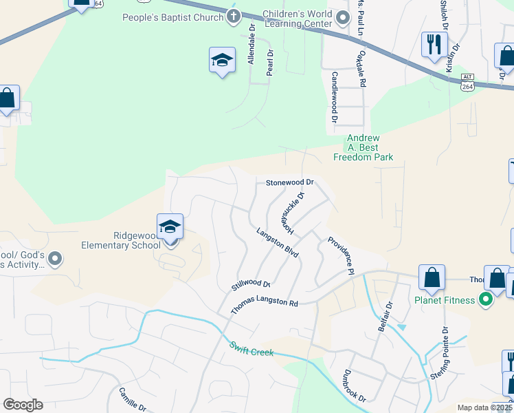 map of restaurants, bars, coffee shops, grocery stores, and more near 3309 Langston Boulevard in Winterville