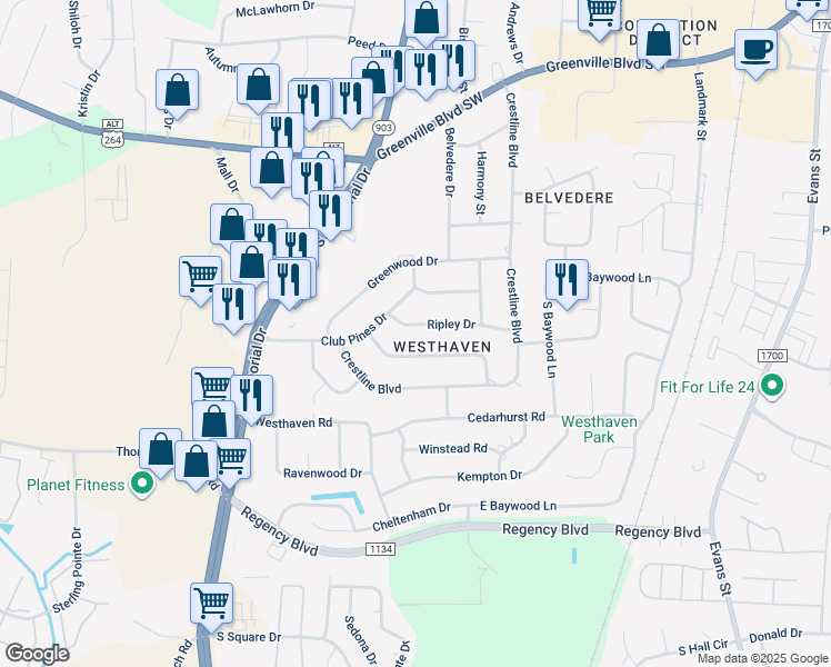 map of restaurants, bars, coffee shops, grocery stores, and more near 106 Ripley Drive in Greenville