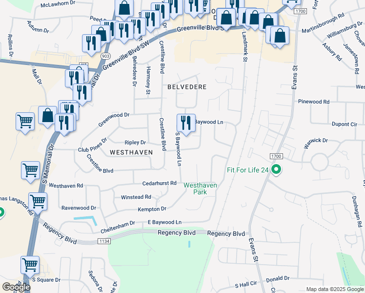 map of restaurants, bars, coffee shops, grocery stores, and more near 212 Woodhaven Road in Greenville