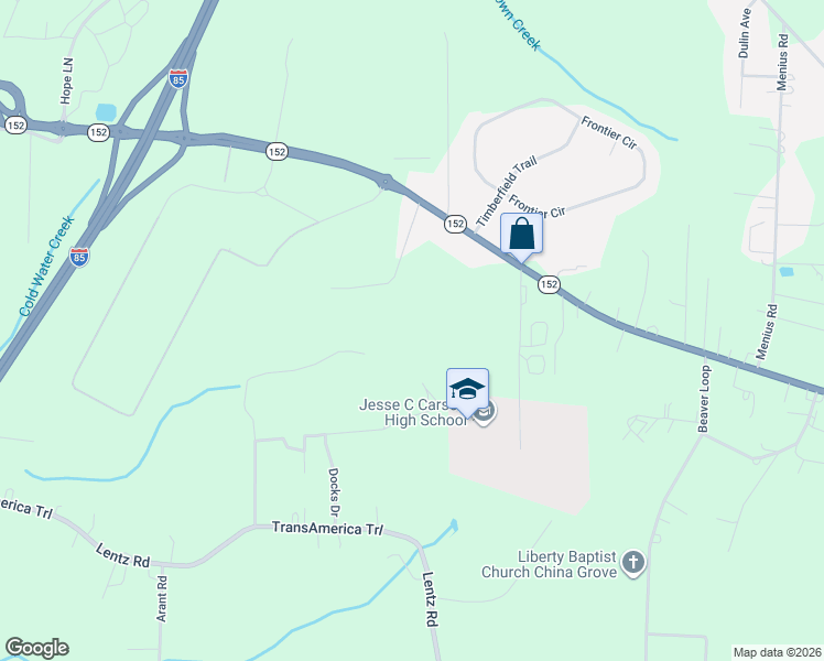 map of restaurants, bars, coffee shops, grocery stores, and more near 505 Bud Lane in China Grove