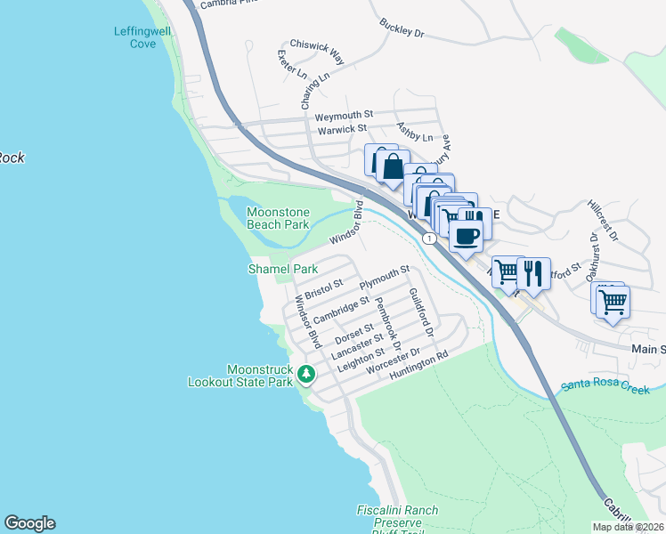 map of restaurants, bars, coffee shops, grocery stores, and more near 427 Norfolk Street in Cambria