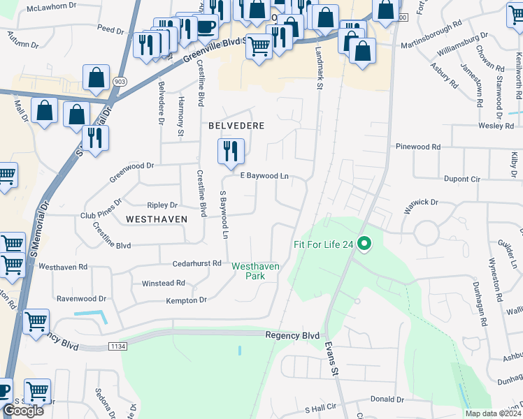 map of restaurants, bars, coffee shops, grocery stores, and more near 205 Woodhaven Road in Greenville