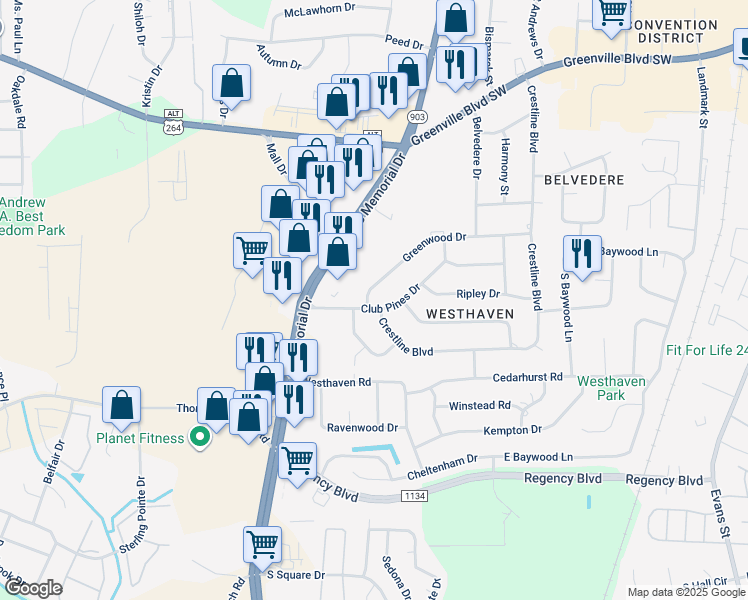 map of restaurants, bars, coffee shops, grocery stores, and more near 100 Greenwood Drive in Greenville