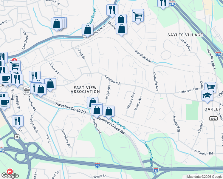 map of restaurants, bars, coffee shops, grocery stores, and more near 1D Ridge Avenue in Asheville